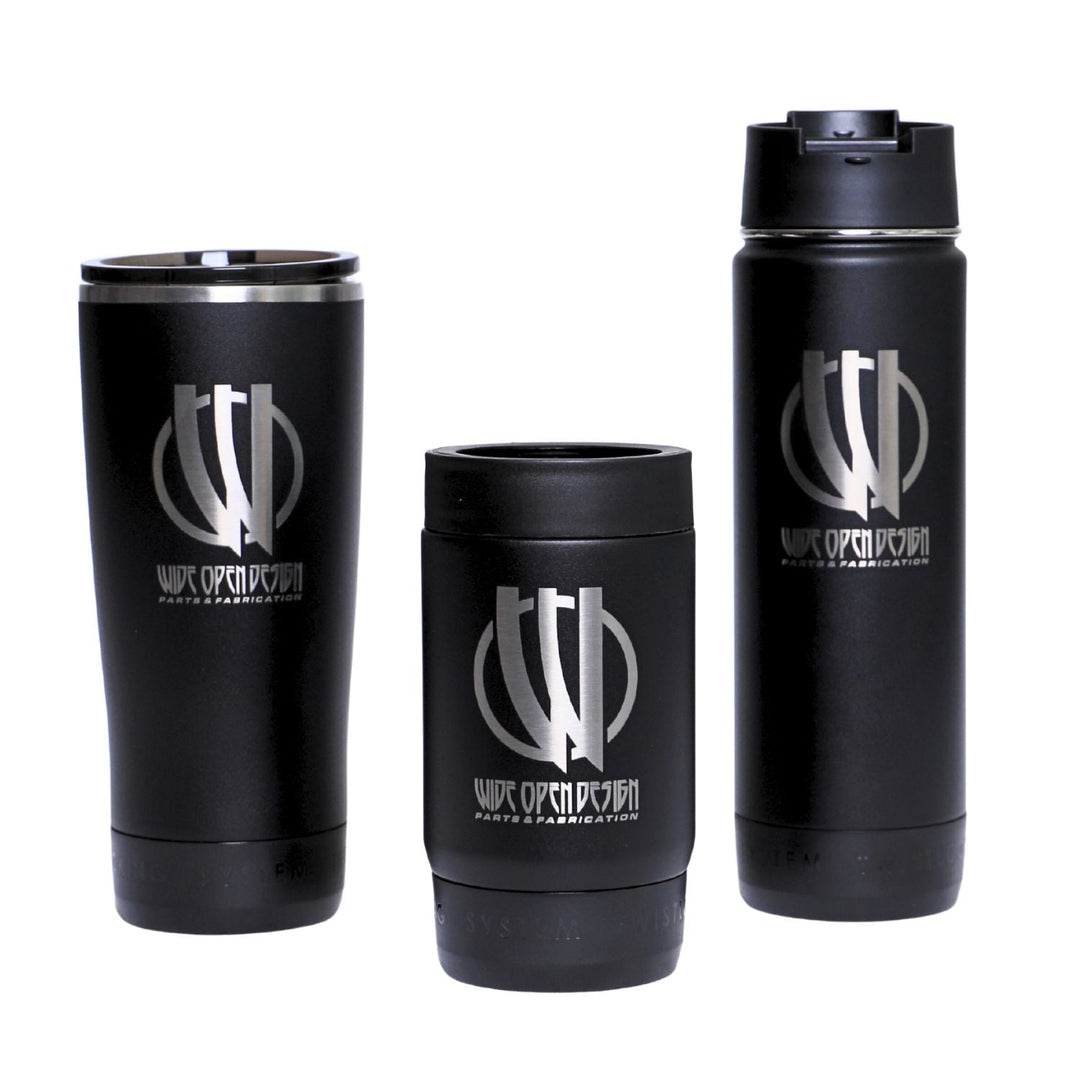 twist lock off road drinkware set with canteen, tumbler, and can cooler with wide open design logo on a white background