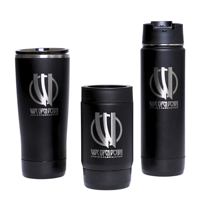 twist lock off road drinkware set with canteen, tumbler, and can cooler with wide open design logo on a white background