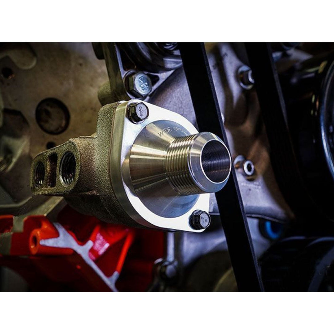 Close-up of a LS water neck conversion to -16 AN on a GM LS Engine