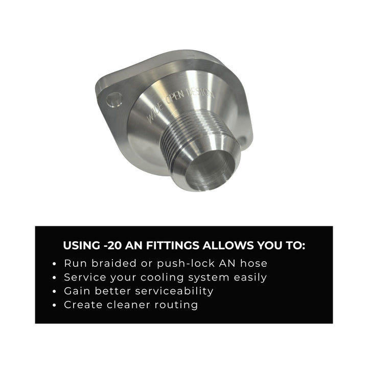 LS swap AN coolant housing replacement with text about -20 AN uses on a white background