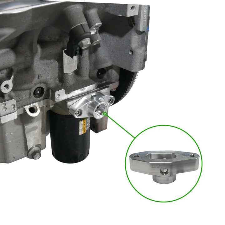 Close-up of a GM LT swap oil system upgrade with an inset showing a oil accumulator adapter