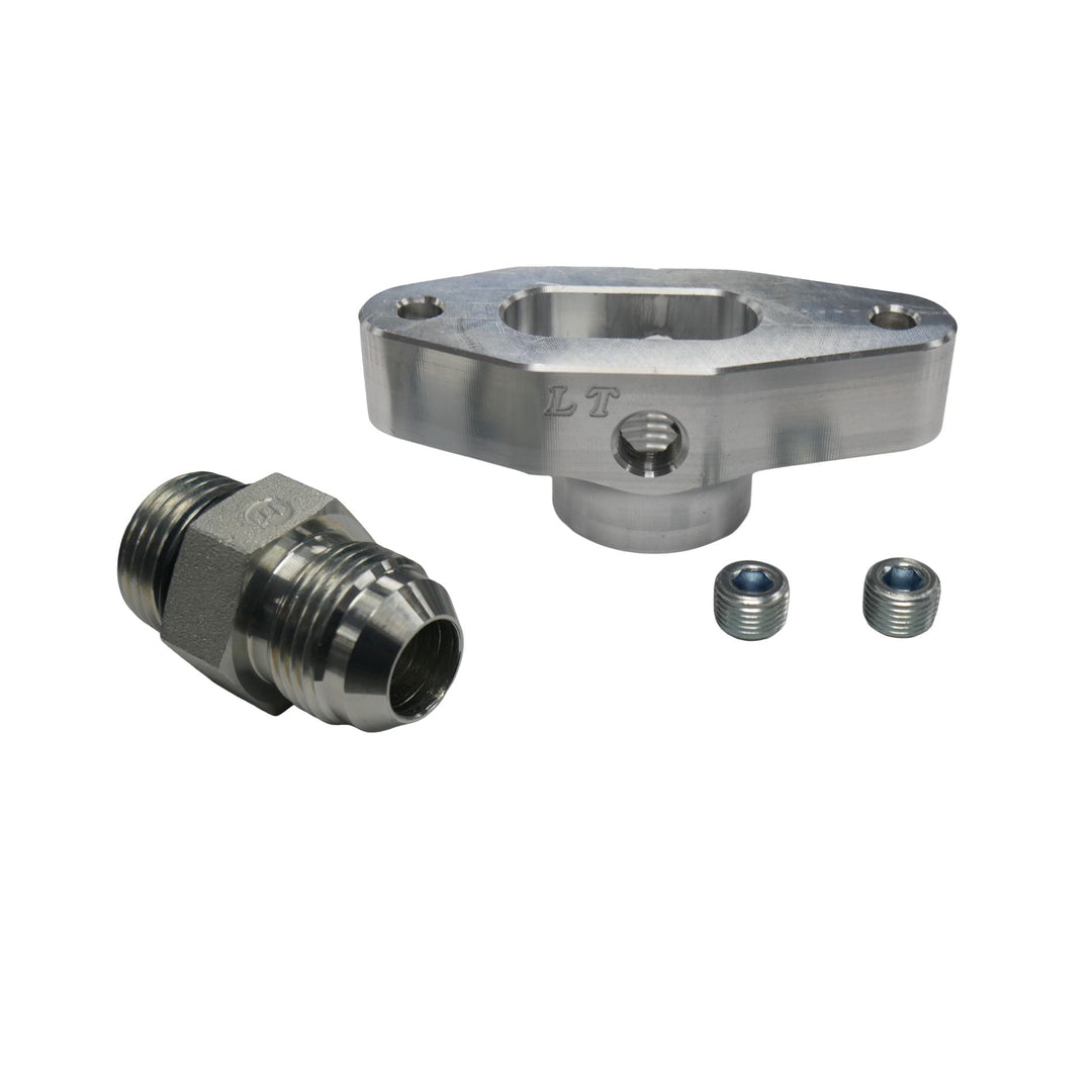 Metal off-road LT engine oil pressure protection adapter on a white background