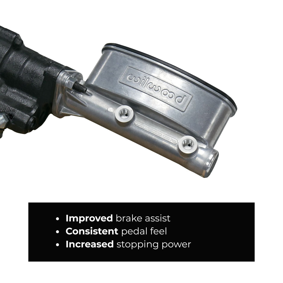 Wilwood tandem master cylinder hydroboost setup with Wilwood branding and feature text on a white background
