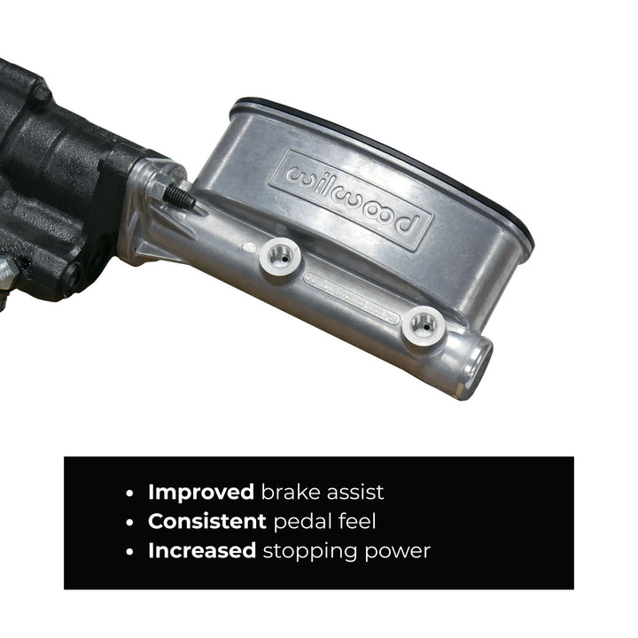 Wilwood tandem master cylinder hydroboost setup with Wilwood branding and feature text on a white background