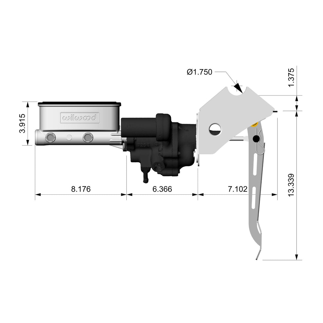 Technical drawing of an off-road hydraulic assist brake kit GM with dimensions labeled