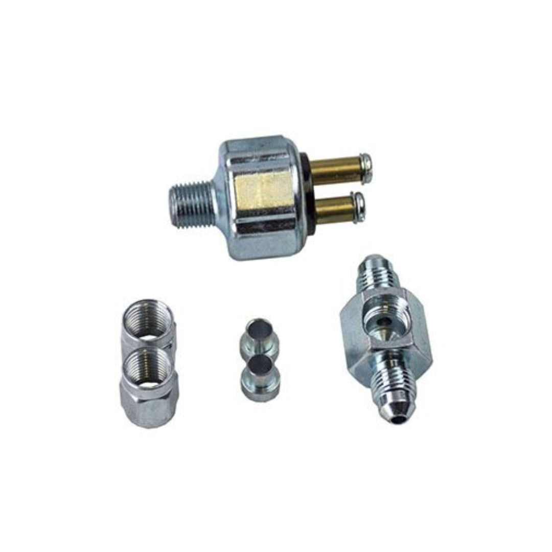 hydraulic brake light switch plumbing kit parts on a white background
