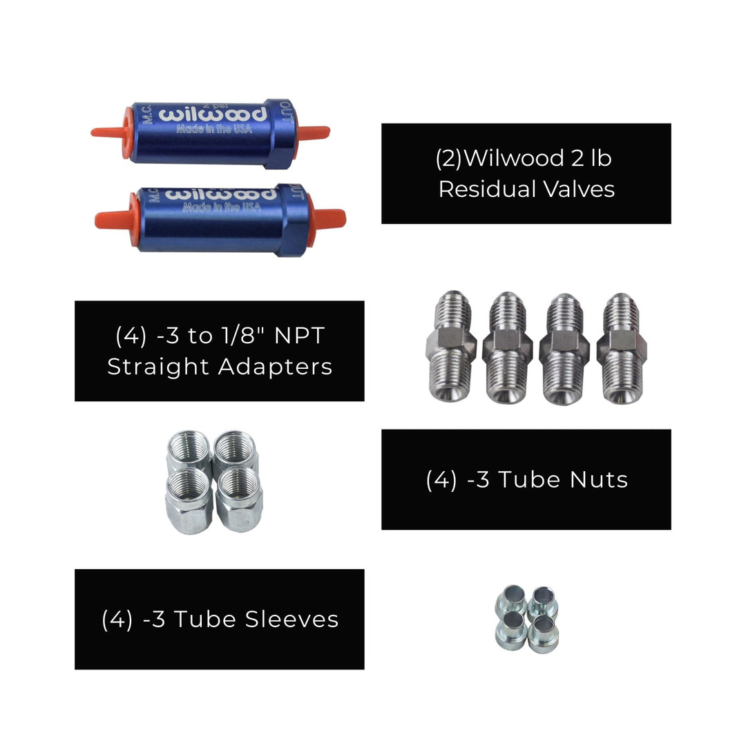 Collection of Wilwood brake residual pressure valve kit for disc brakes on a white background.
