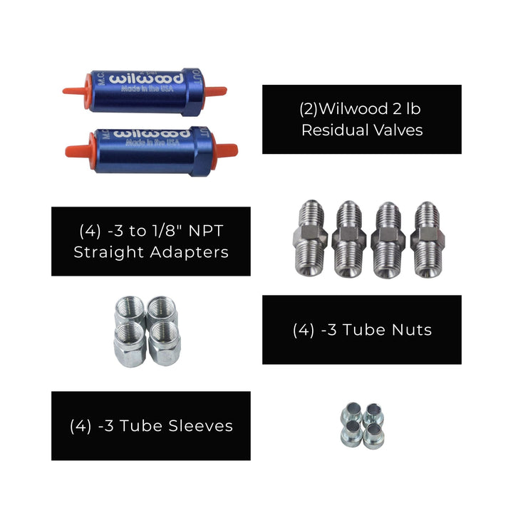 Collection of Wilwood brake residual pressure valve kit for disc brakes on a white background.