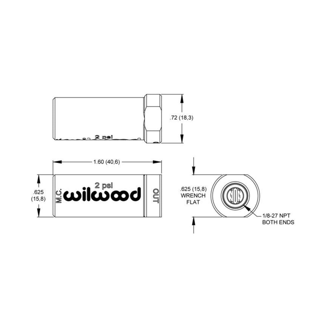 Technical drawing of a -3 AN brake line residual valve setup with dimensions and &