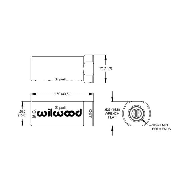 Technical drawing of a -3 AN brake line residual valve setup with dimensions and &