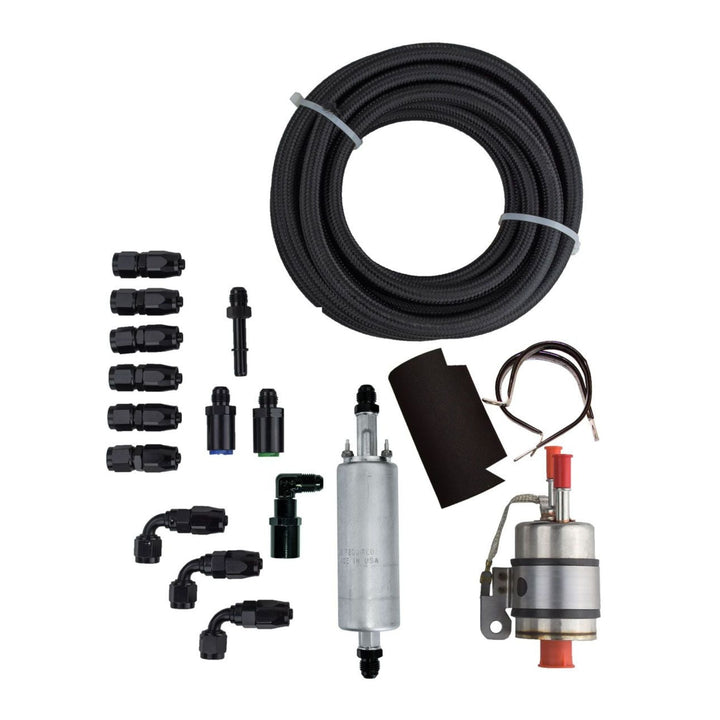 GM LS non return fuel system plumbing kit with Walbro fuel pump, hoses, and connectors on a white background