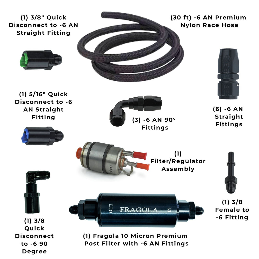 Walbro 255 LS fuel system setup including hoses, fittings, and filters labeled on a white background