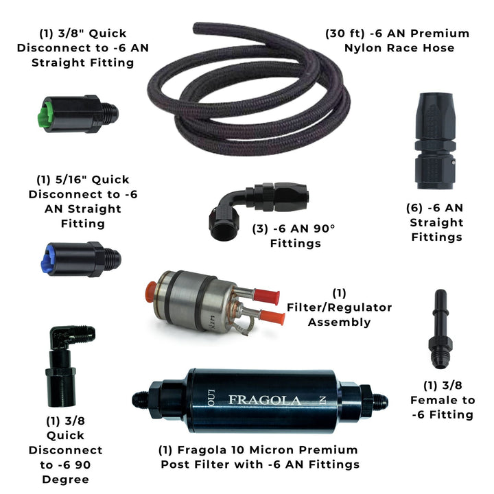 Walbro 255 LS fuel system setup including hoses, fittings, and filters labeled on a white background