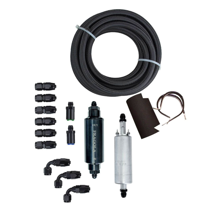 GM LS return style fuel system plumbing kit including a coil, connectors, and hoses on a white background