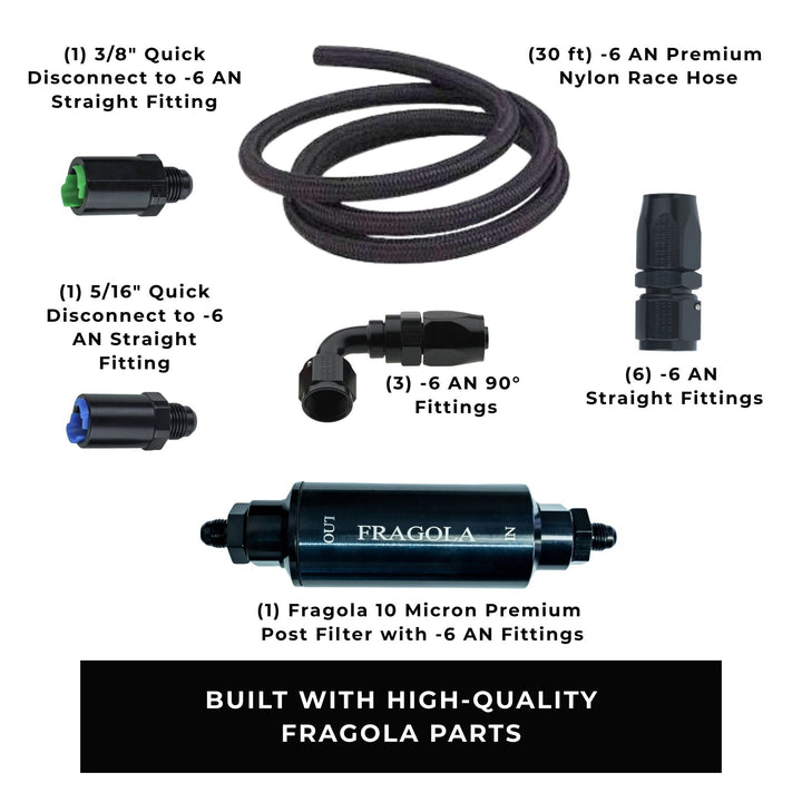Walbro 255 LPH LS fuel pump kit including hose, fittings, and filter labeled on a white background
