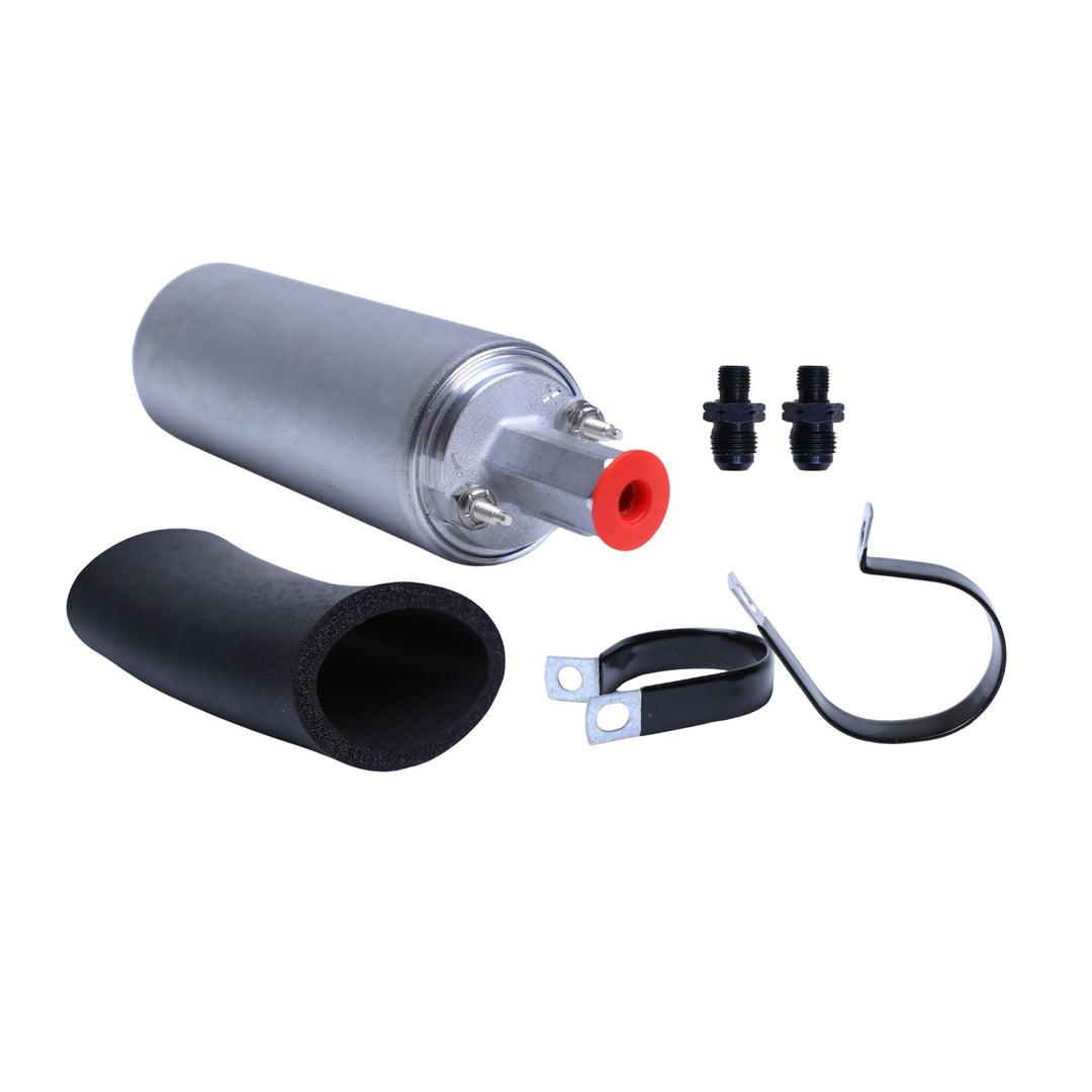 Walbro 255 inline fuel pump kit with pump, mounting hardware and adapters on a white background.