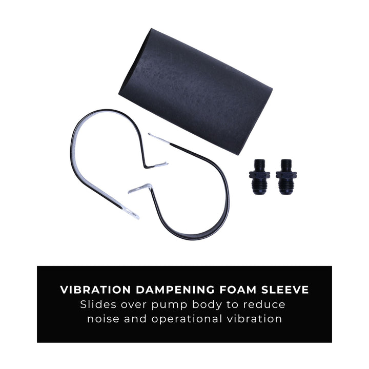 Vibration dampening foam sleeve and GSL392 pump with -6 AN adapters with pump parts on a white background
