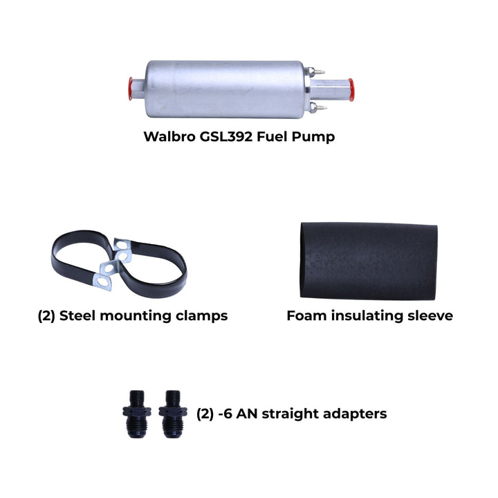 255 LPH fuel pump for 550 HP engine with mounting clamps, insulating sleeve, and adapters on a white background