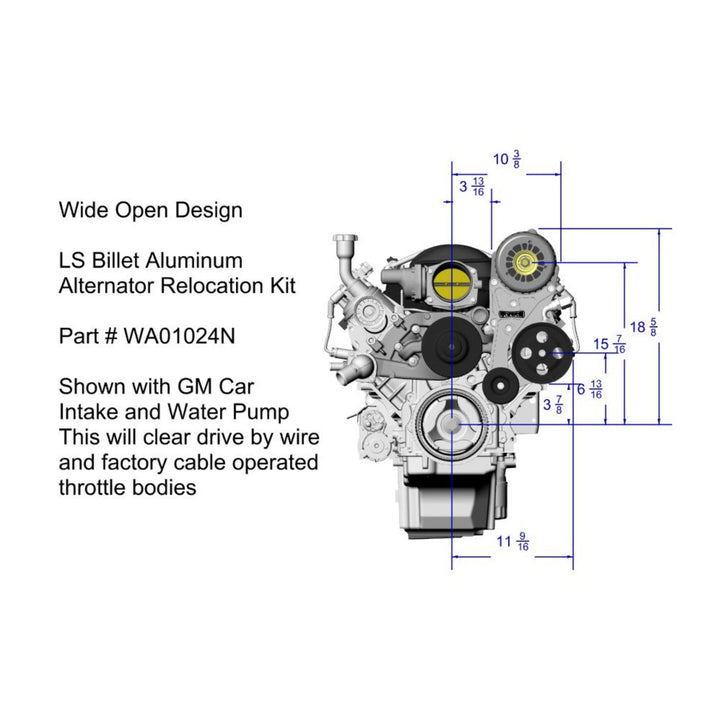 Technical diagram of an ls alternator relocation kit with dimensions and specifications.