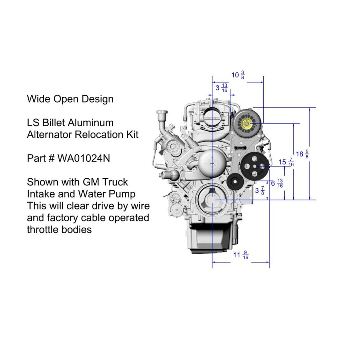 Technical diagram of an LS Billet Aluminum Alternator Relocation Kit with dimensions and specifications.