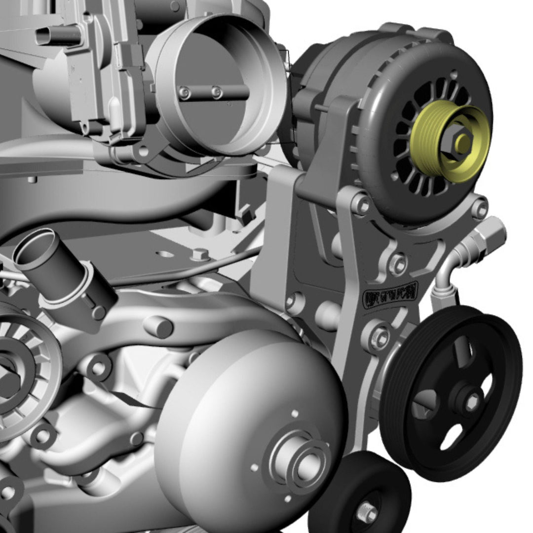 Close-up of a mechanical engine using the ls power steering relocation kit on a white background