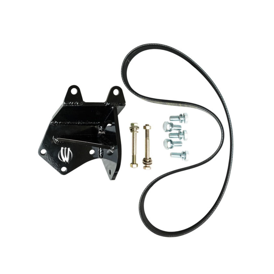 LS TC steering pump mount bracket kit with belt and bolts on a white background