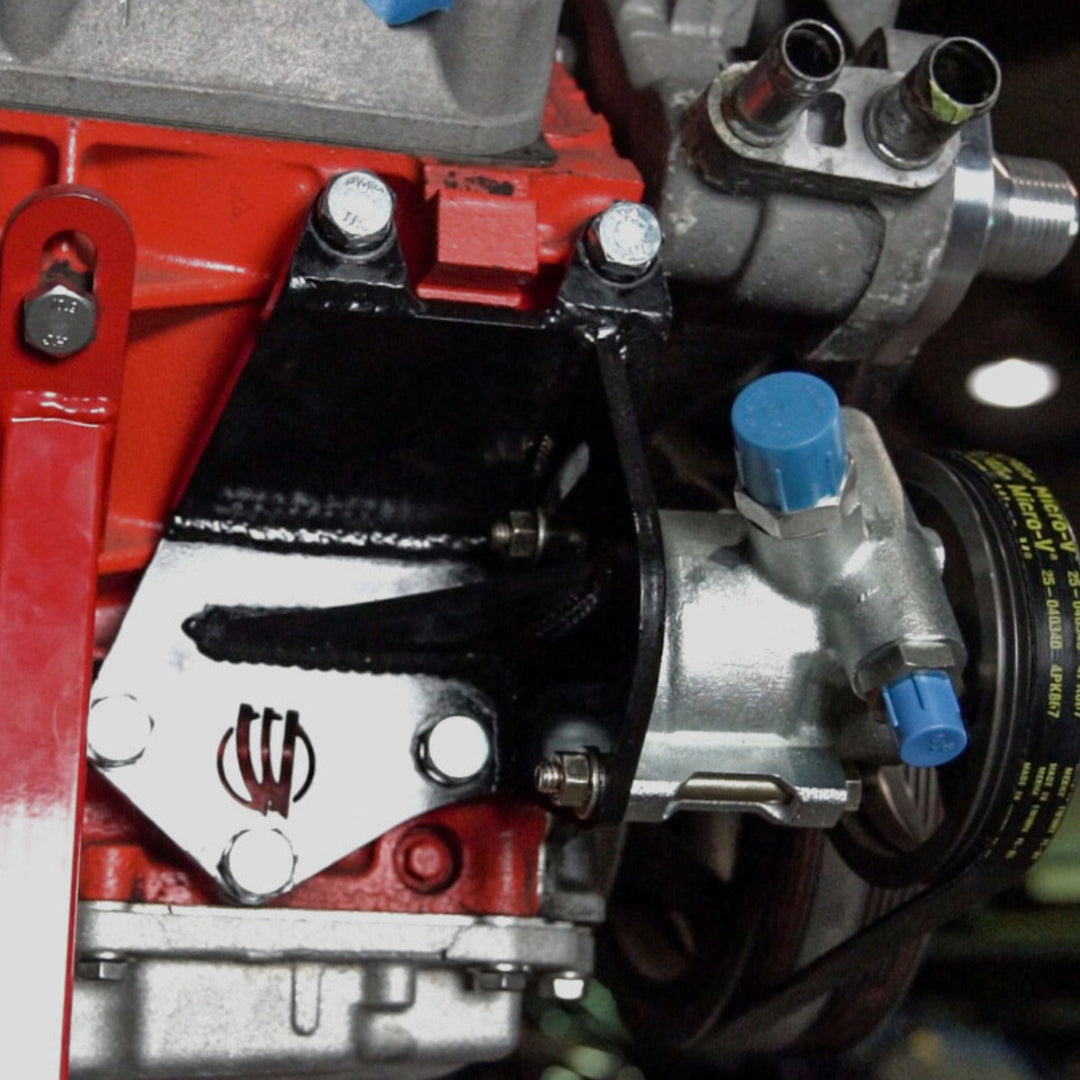 Close-up of a 4 rib belt LS steering pump relocation mounted on an LS engine.
