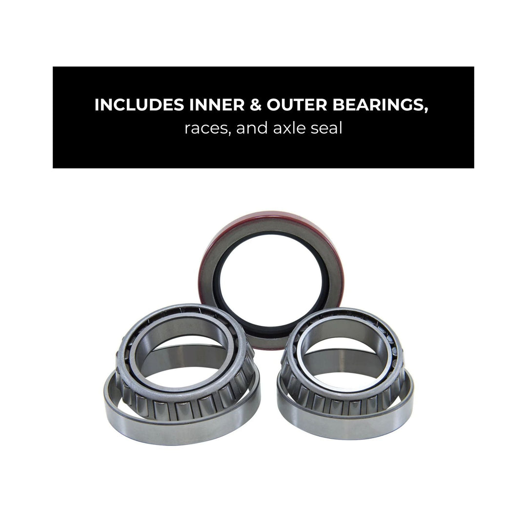 Set of bearings including inner and outer bearings, races, and axle seal for Dana 60 6 lug GM truck on a white background.