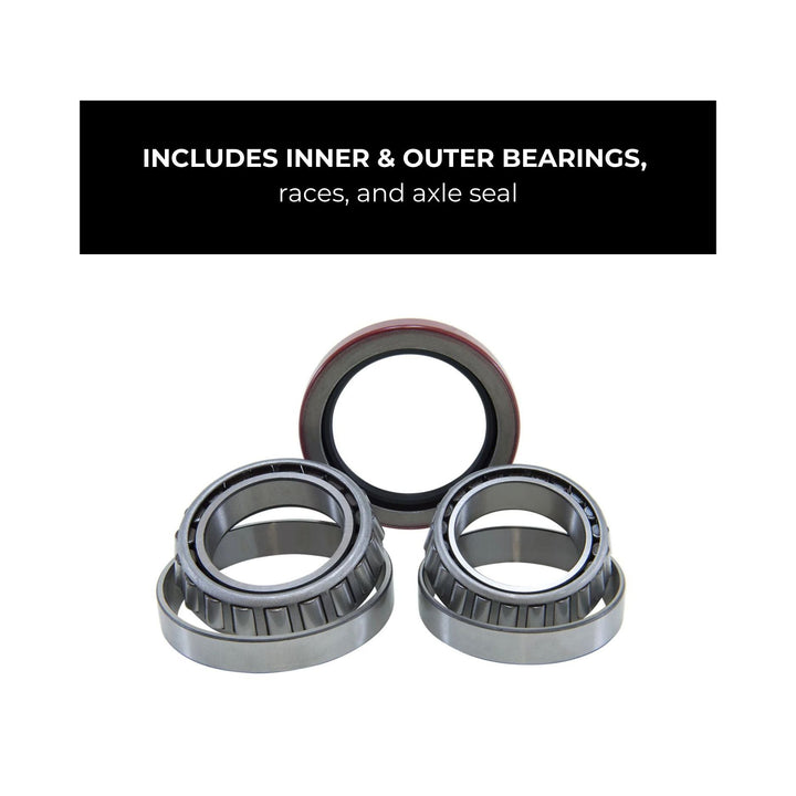 Set of bearings including inner and outer bearings, races, and axle seal for Dana 60 6 lug GM truck on a white background.