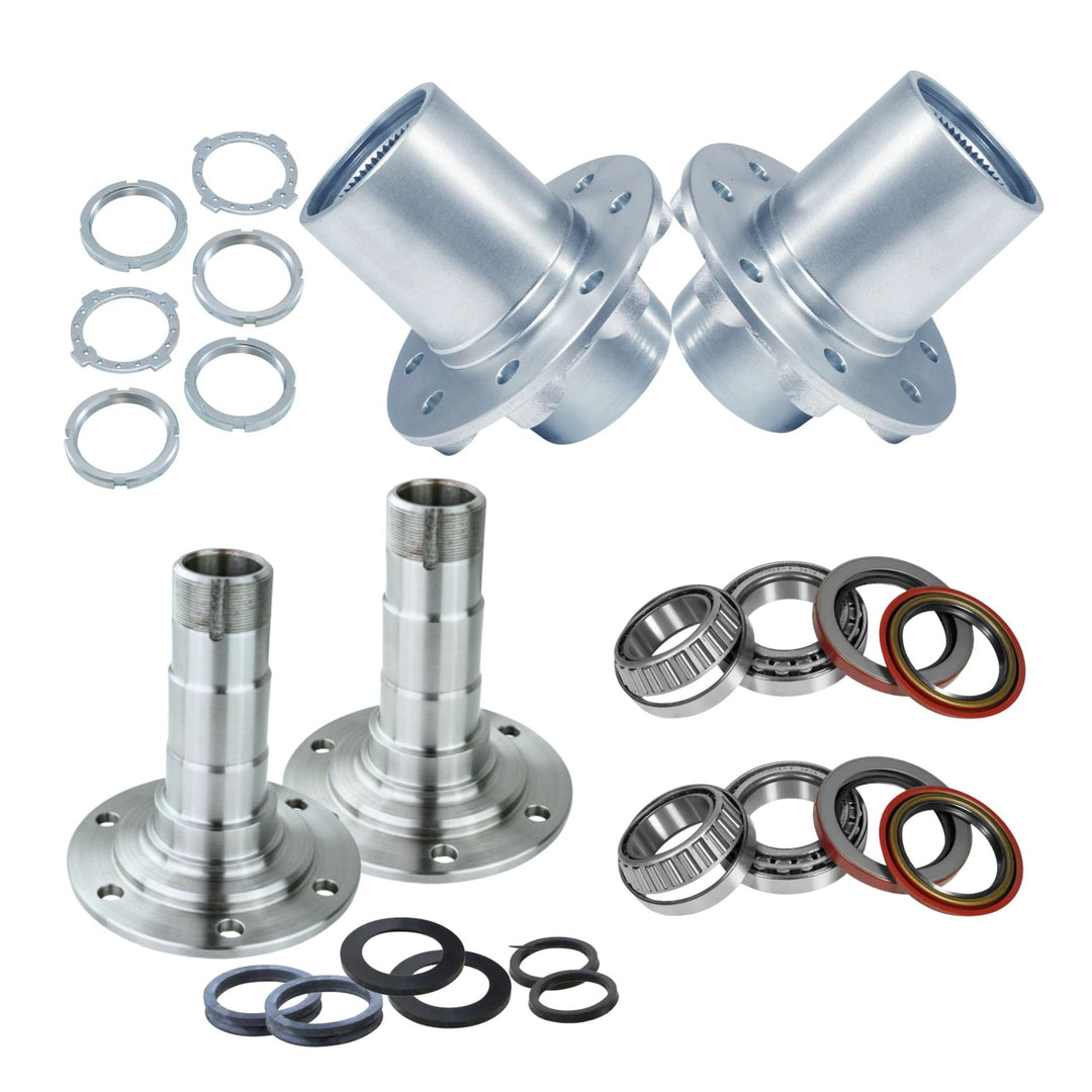 A  Dana 60 Kingpin metal hub and wheel bearing kit on a white background, including two silver metal hub assemblies, four wheel bearings, multiple black and red rubber seals, and several silver ring clips.
