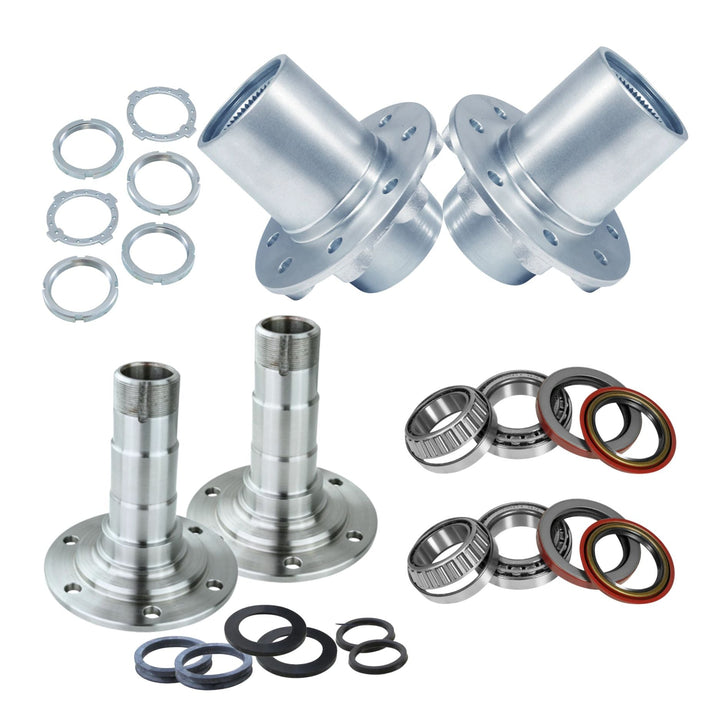 A  Dana 60 Kingpin metal hub and wheel bearing kit on a white background, including two silver metal hub assemblies, four wheel bearings, multiple black and red rubber seals, and several silver ring clips.