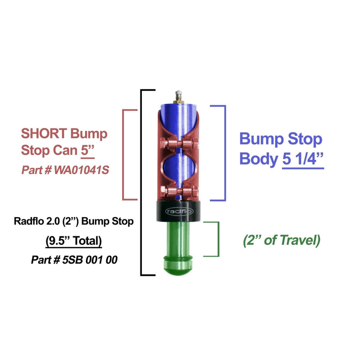 Technical diagram of a short hydraulic bump can with labeled parts and dimensions on a white background