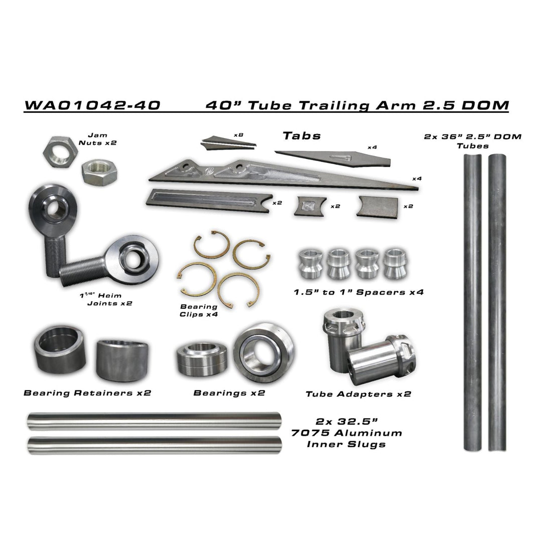 Detailed view of a 40-inch long travel trailing arm DIY kit with various components on a white background.