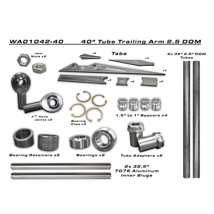 Detailed view of a 40-inch long travel trailing arm DIY kit with various components on a white background.