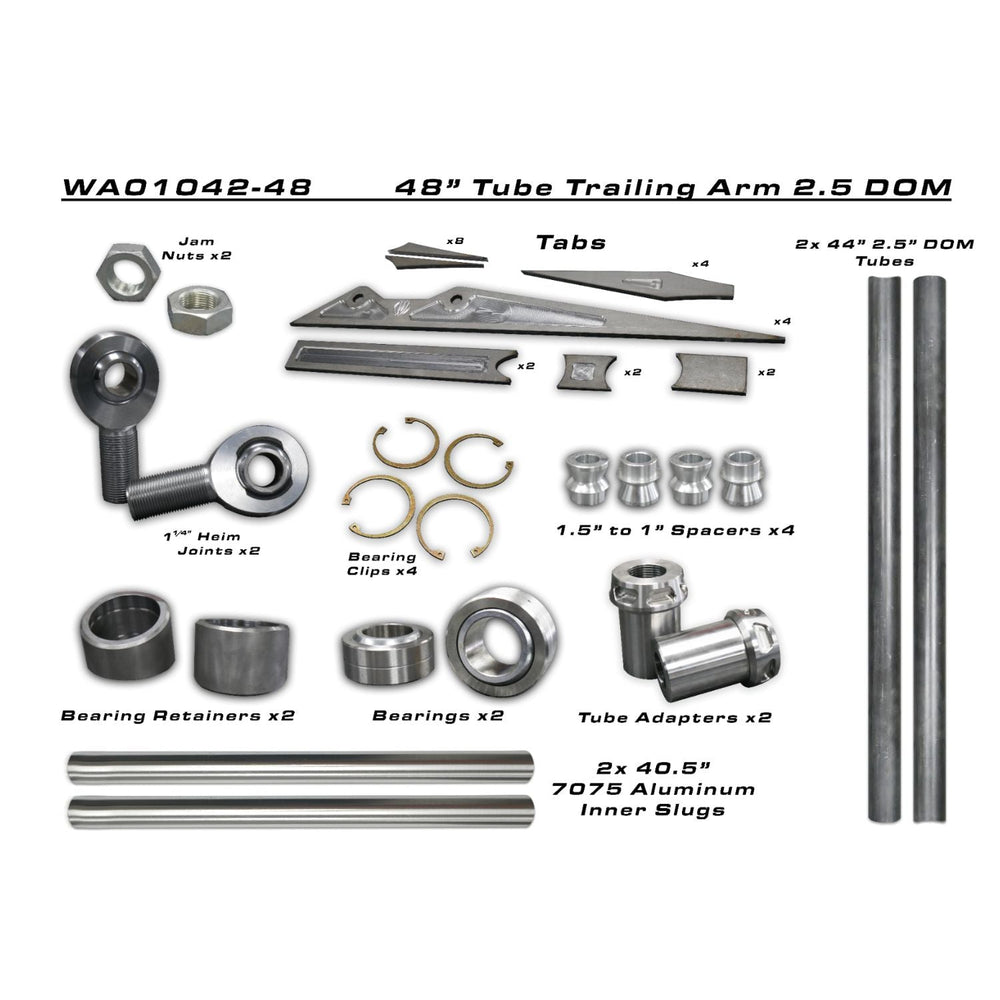 long travel trailing arm DIY kit components including tubes, bearings, and hardware on a white background.