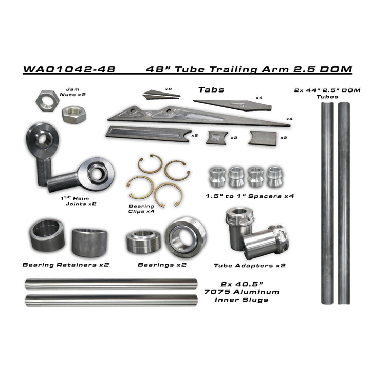 long travel trailing arm DIY kit components including tubes, bearings, and hardware on a white background.