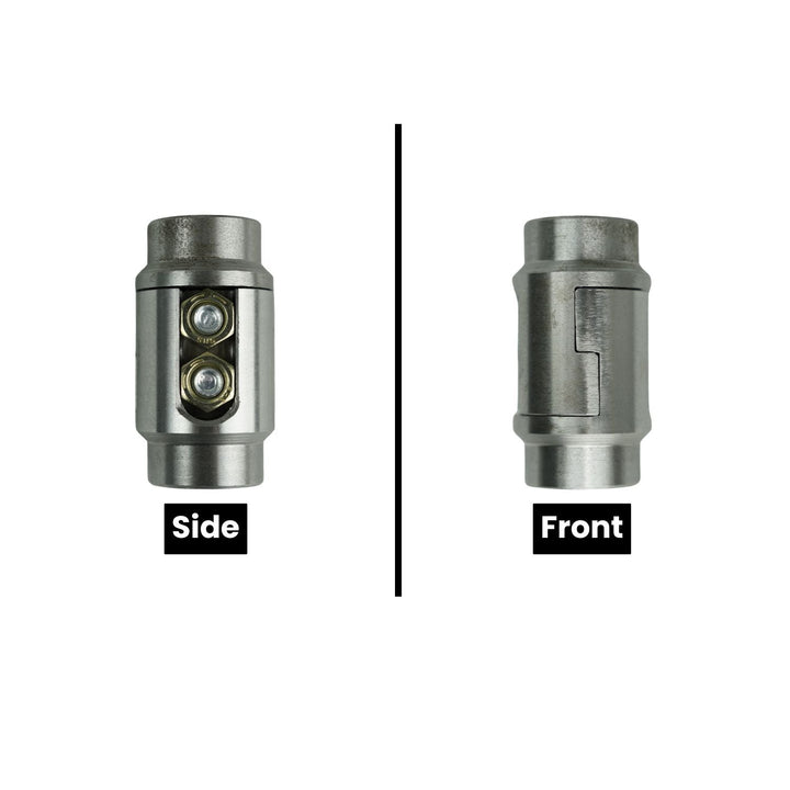 off road tube disconnect system shown from side and front views on a white background