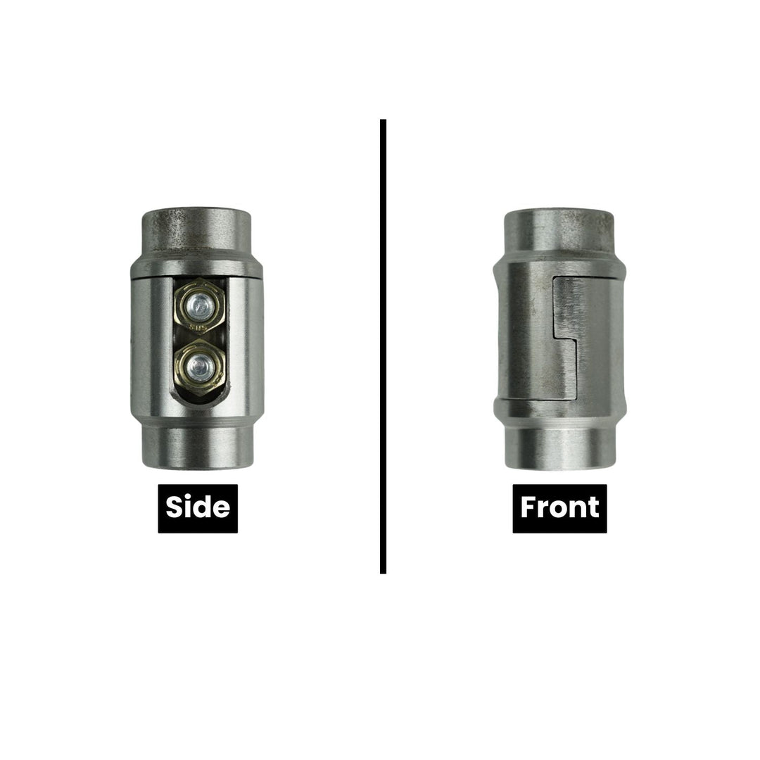4140 chromoly clamp connector shown from side and front views on a white background