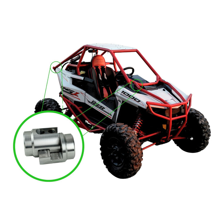 Red and white off-road chassis with a close-up of a  interlocking chassis tube clamp in use on a white background