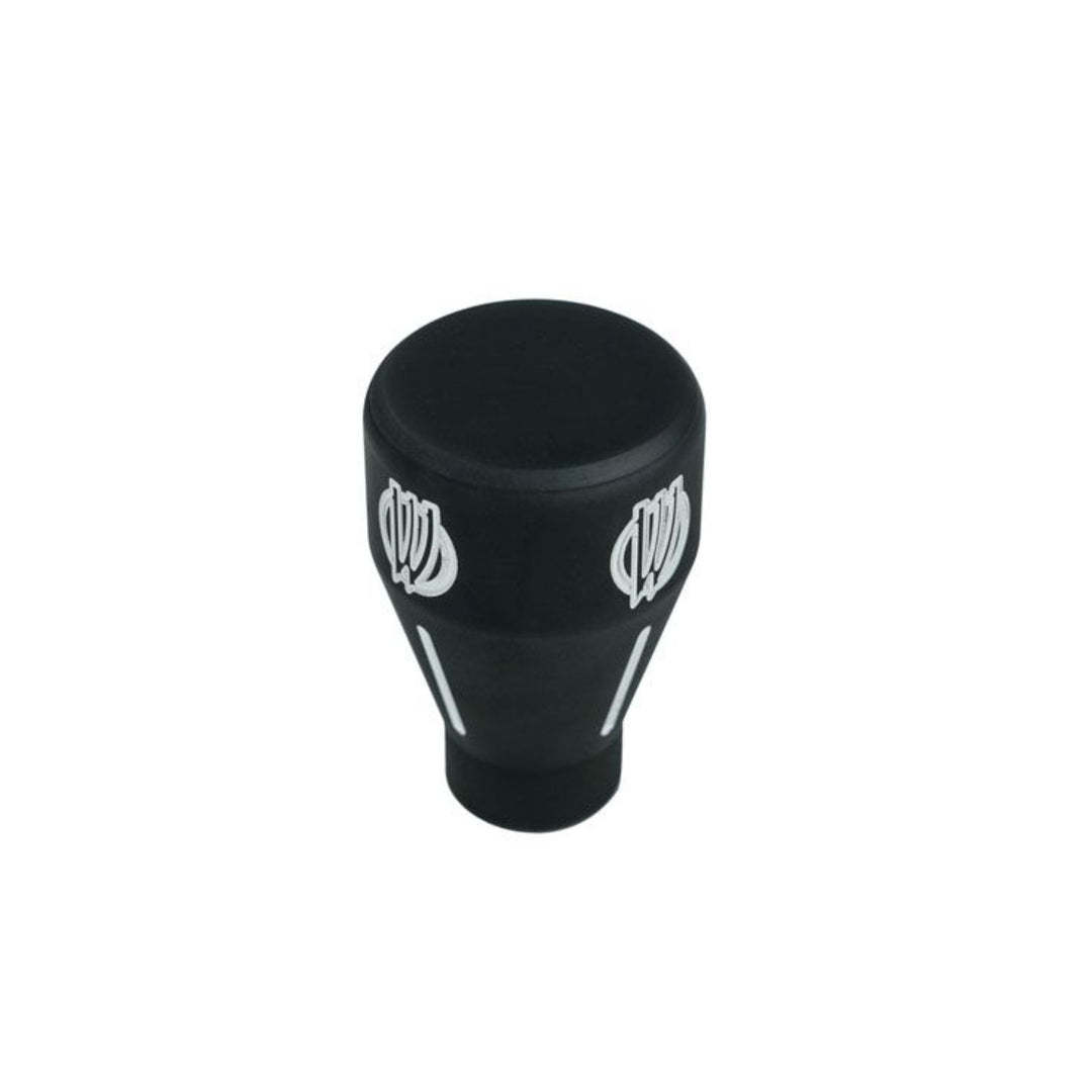 Black coated shifter knob for Winters with engraved "W' Wide Open Design logo on a white background