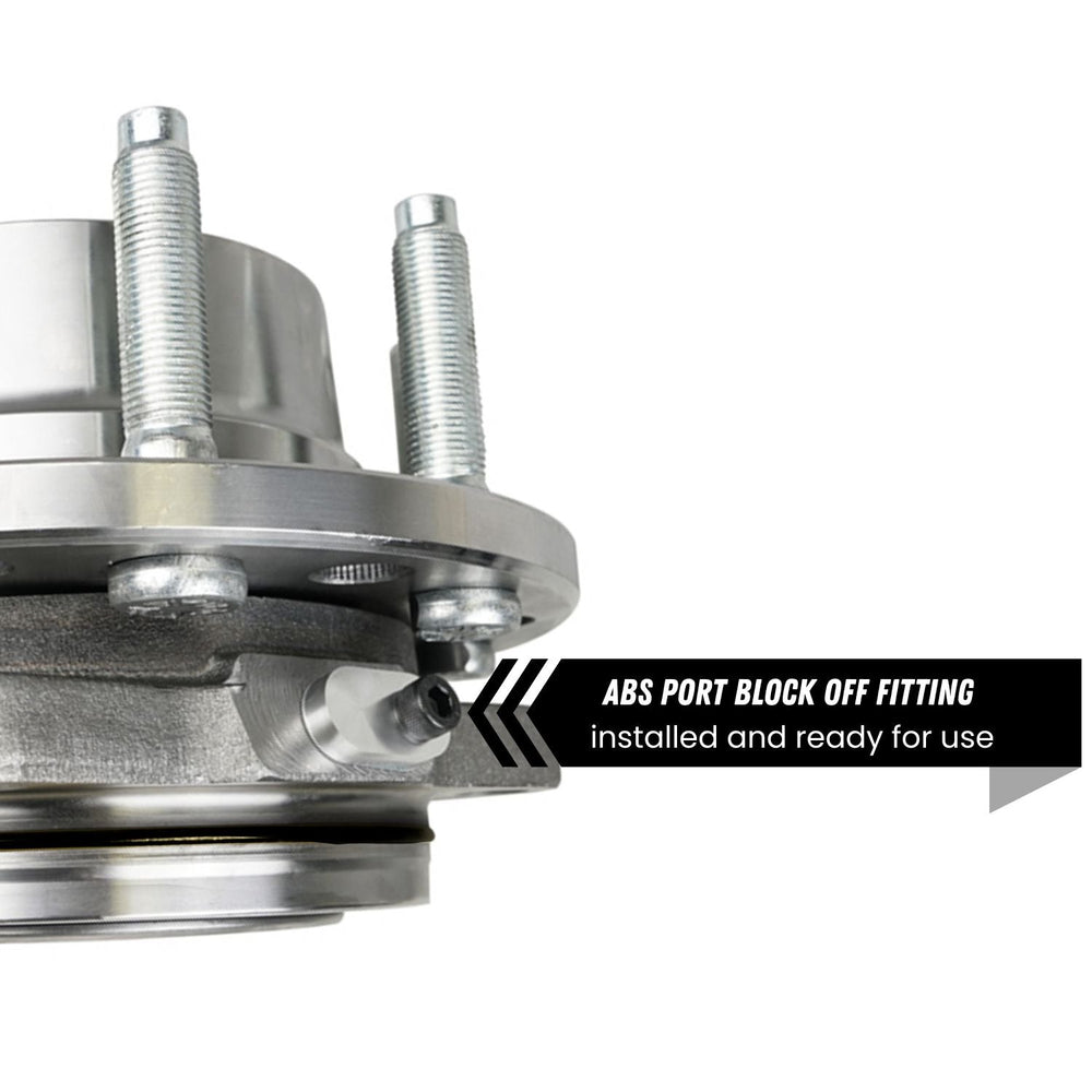 Dana 60 unit bearing conversion with bolts and text indicating 'ABS Port Block Off Fitting installed and ready for use'.