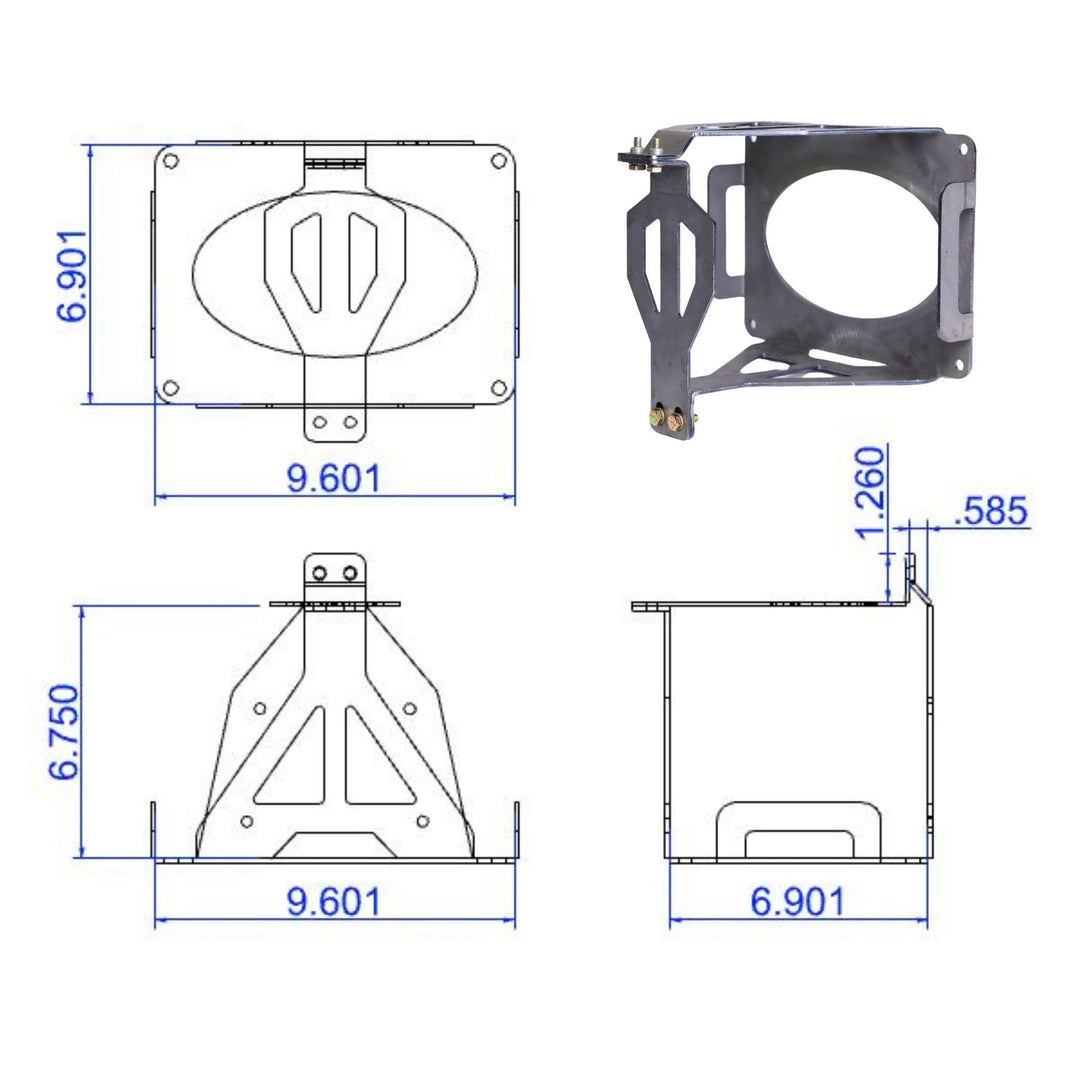 Technical drawing of a  battery mount box  bracket with dimensions on a white background