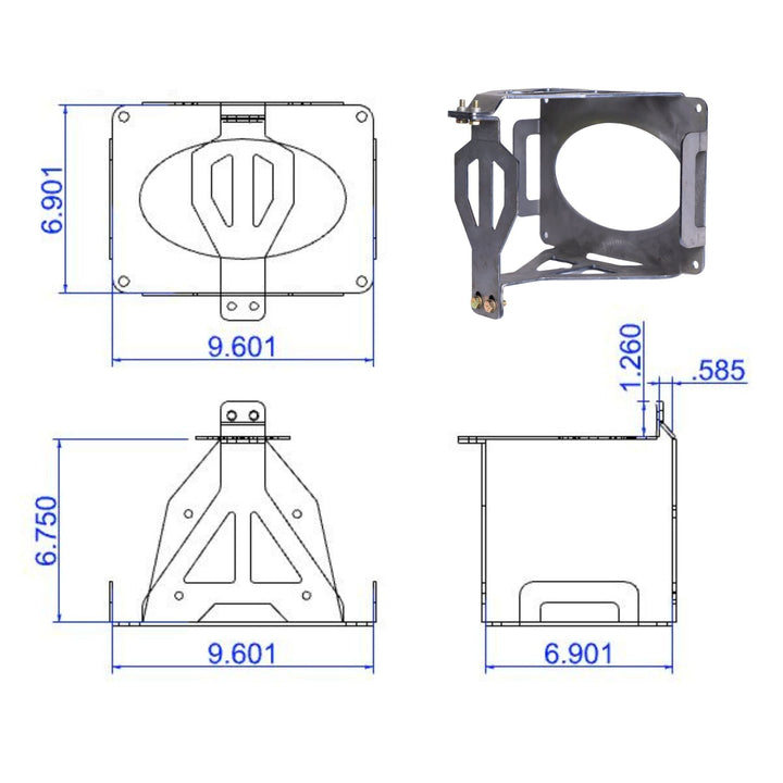 Technical drawing of a  battery mount box  bracket with dimensions on a white background