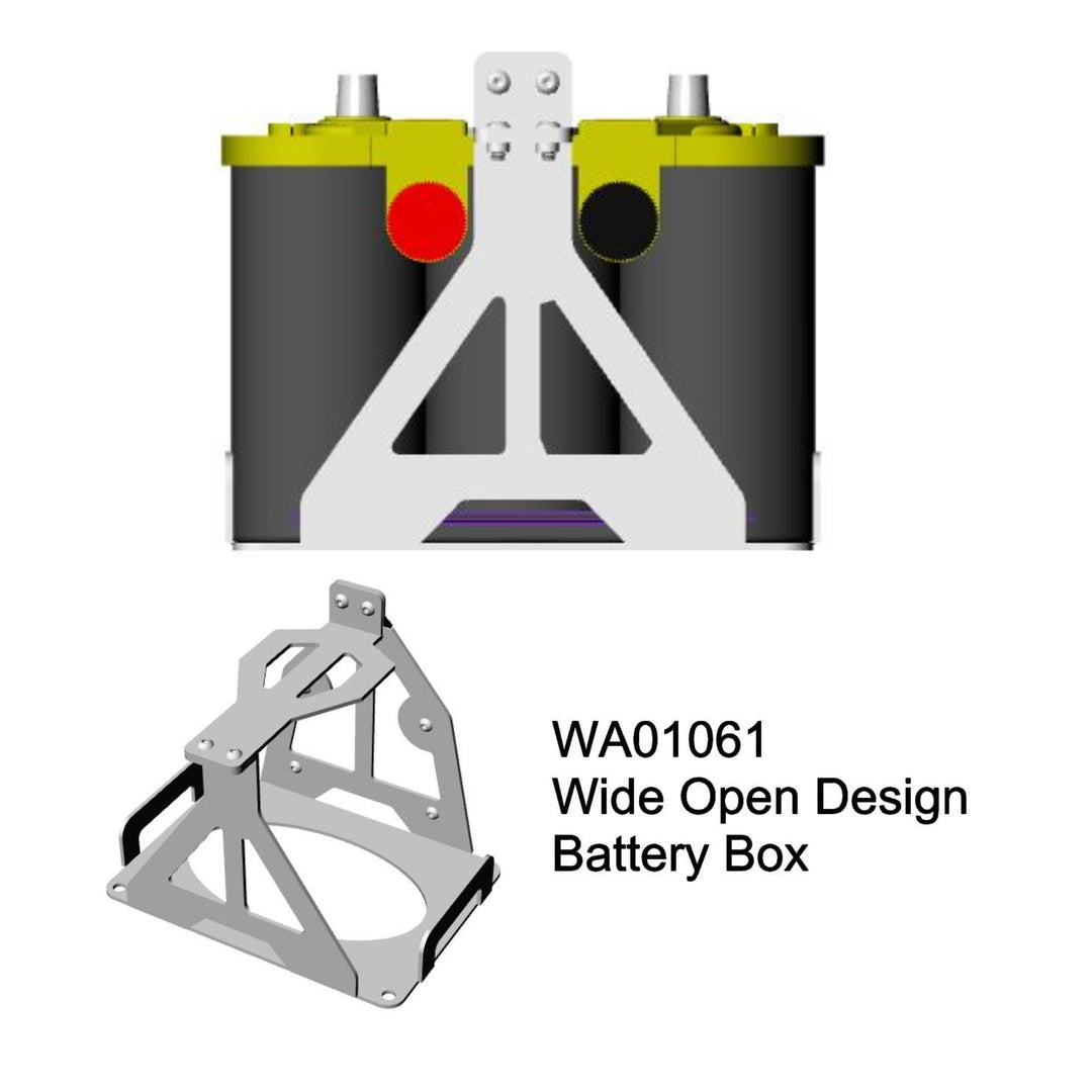 Wide open design Battery Box Mounting Bracket with a an optima battery installed on a white background
