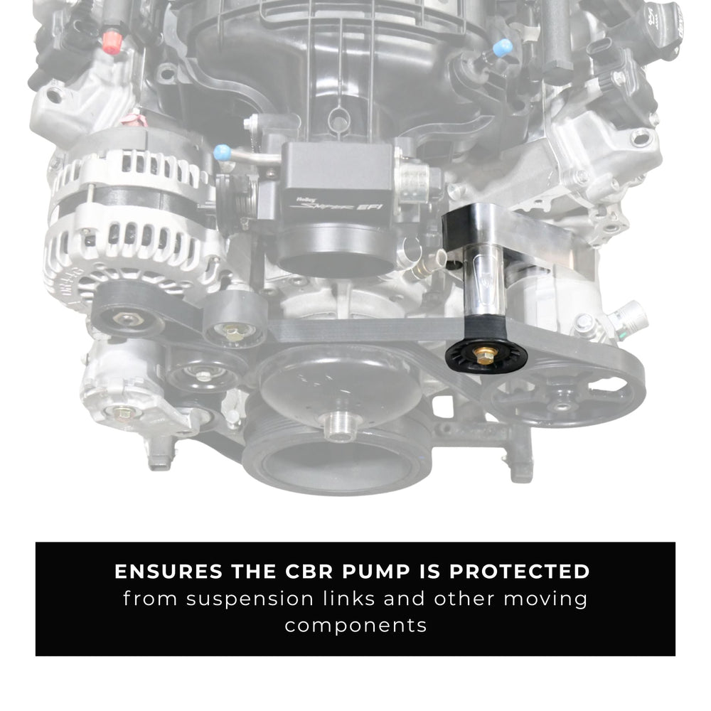 Close-up of a car engine with a steering pump mount  labeled 'CBR Pump', on a white background.