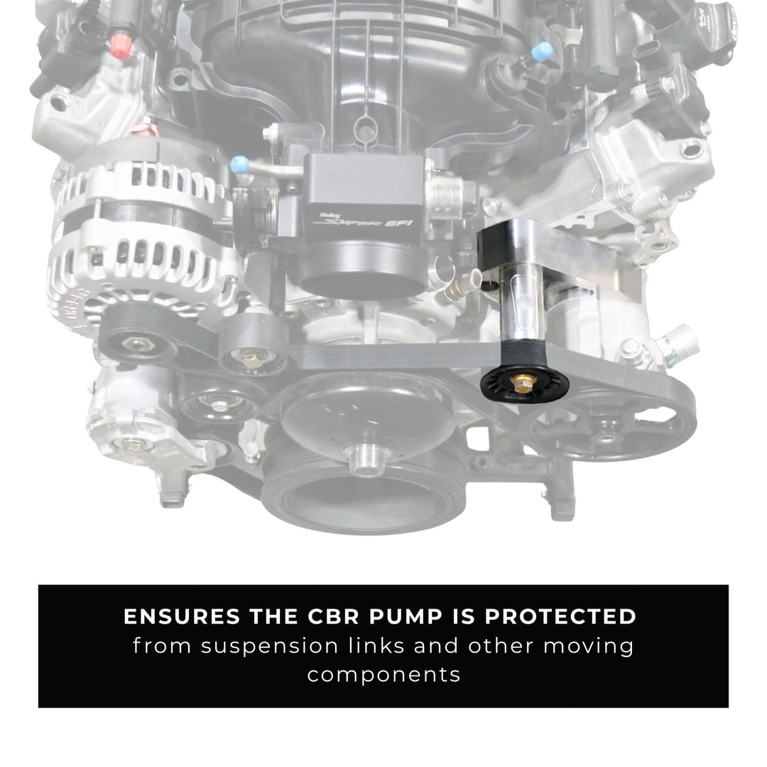 Close-up of a car engine with a steering pump mount  labeled &