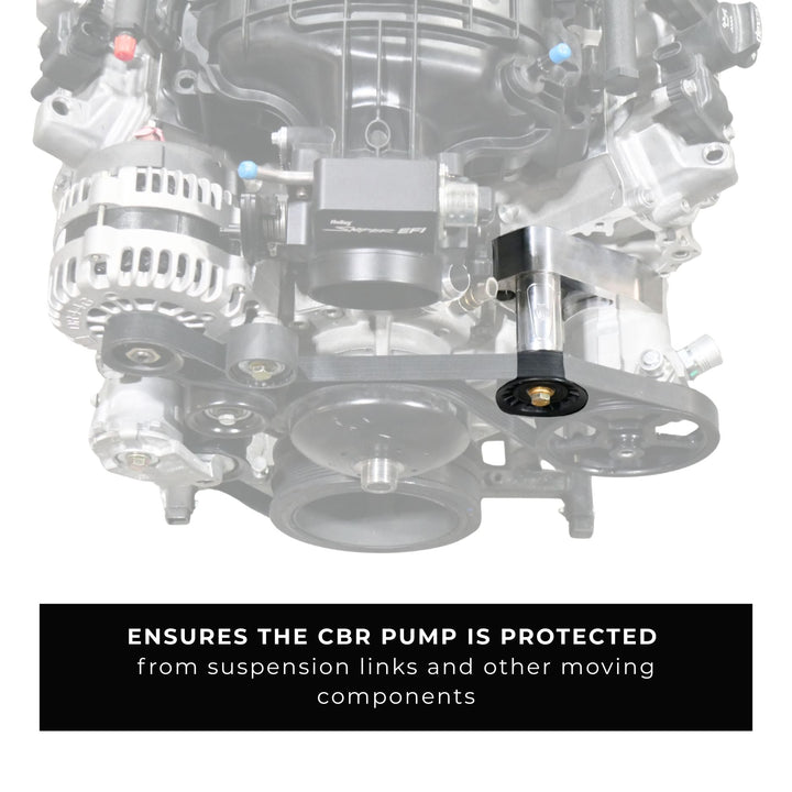 Close-up of a car engine with a steering pump mount  labeled &