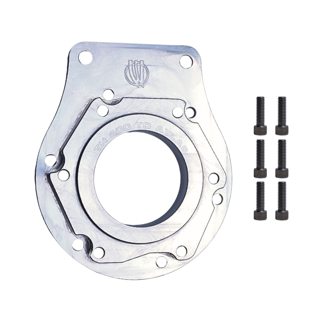 TH400 to Atlas Adapter with bolts on a white background