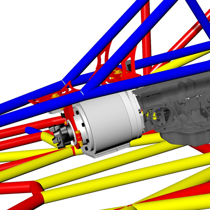 Close-up of a TH400 to Atlas Adapter with bolts with red, blue, and yellow pipes on a white background