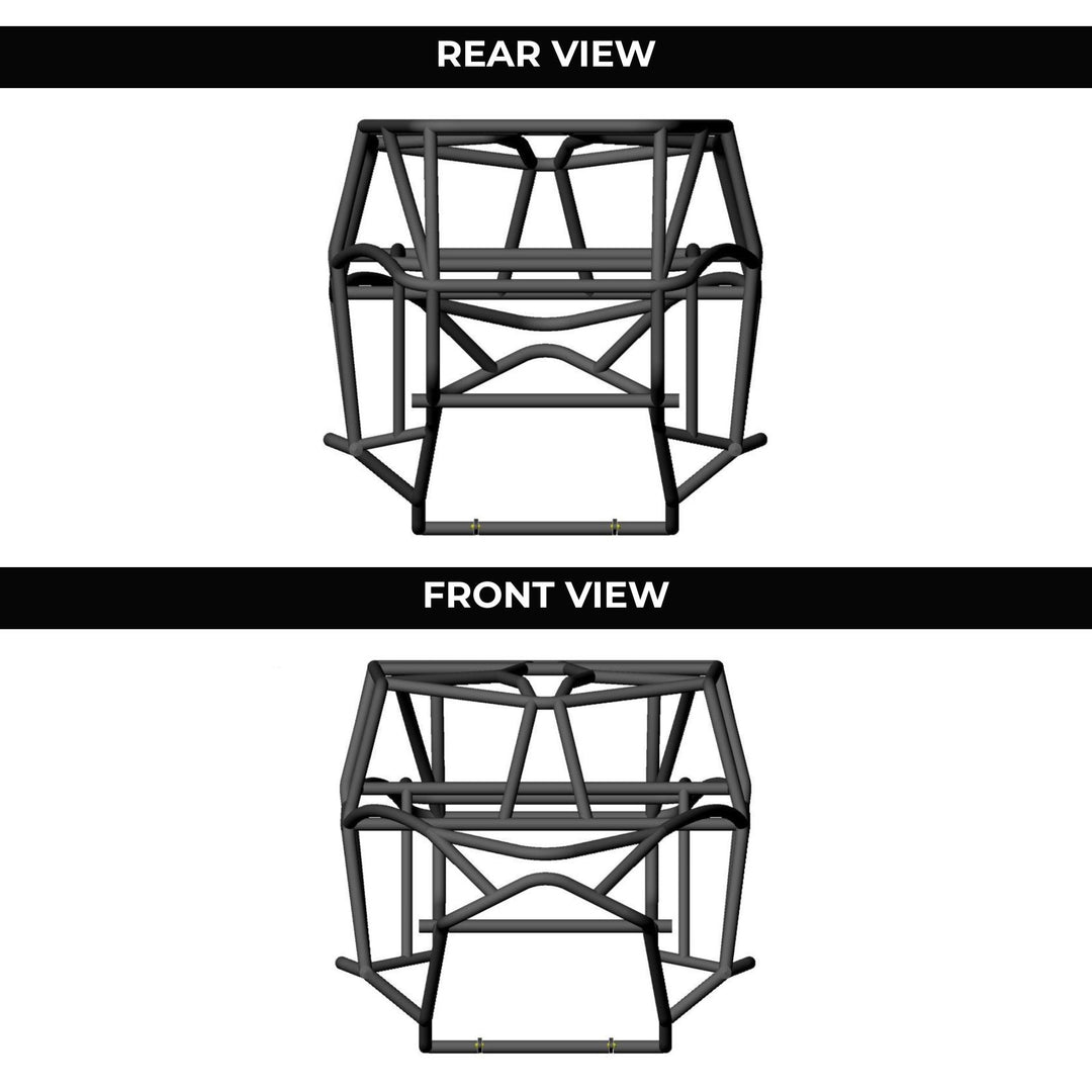 Rear and front views of a bWide Open Design 4 seat buggy chassis a white background